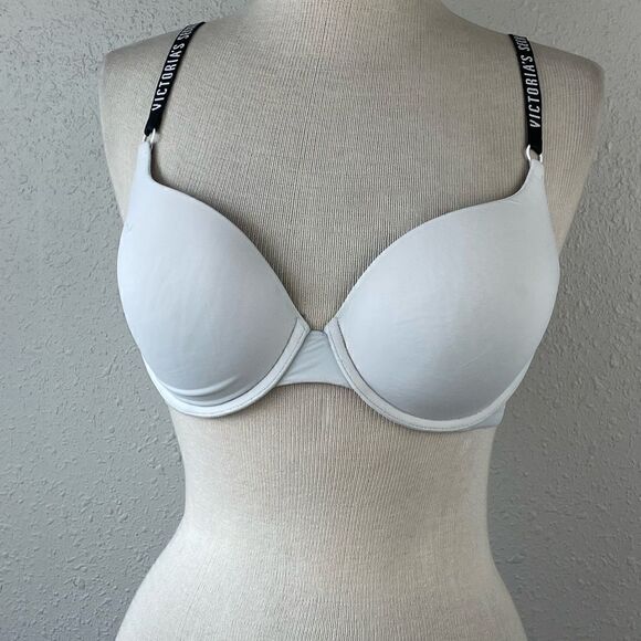 Pre-Owed Victoria’s Secret Womens White with Black Straps Bar Size 32DD - Picture 1 of 4